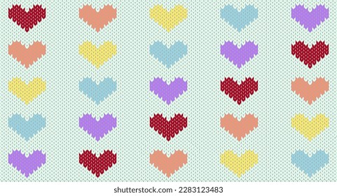 Colorful heart on green background knitting pattern, Festive Sweater Design. Seamless Knitted Pattern