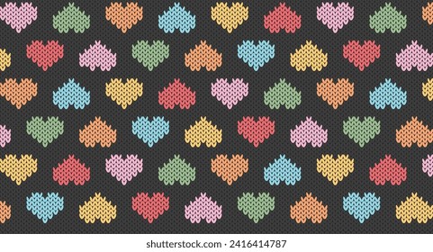 Colorful heart on grey knitted pattern, Festive Sweater Design. Seamless Knitted Pattern