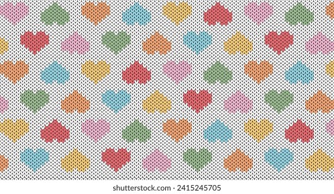 Colorful heart on white knitted pattern, Festive Sweater Design. Seamless Knitted Pattern