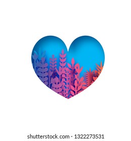 Colorful heart with paper cut flowers and leaves. Love shape with origami floral bouquet on blue.