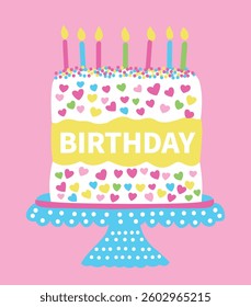 Colorful Heart Pattern Birthday Cake With BIRTHDAY Text On Pink Background
