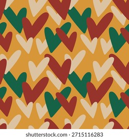 Colorful Heart Pattern Vector Illustration on Yellow. Vector illustration features a vibrant pattern of overlapping red, green, and cream hearts on a yellow background. 