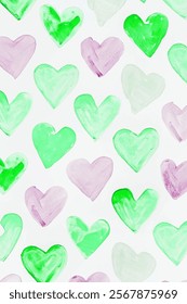 Colorful heart pattern, watercolor texture, green and purple hues, playful design, perfect for backgrounds, romantic themes.