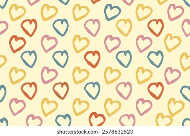 Colorful heart patterns fill the canvas with playful shapes and bright hues, seamless pattern