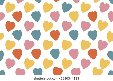 Colorful heart patterns fill the canvas with playful shapes and bright hues, seamless pattern