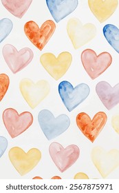 Colorful heart patterns, watercolor style, romantic design, playful background, perfect for invitations, cheerful decor.