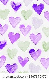 Colorful heart patterns, watercolor style, vibrant purple and green hues, playful design, ideal for romantic themes.