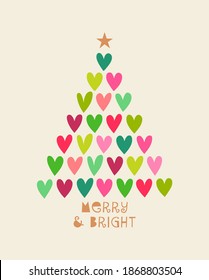 Colorful heart pine tree shaped for chistmas greeting card, banner, poster or postcard.