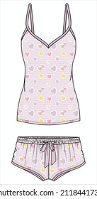 COLORFUL HEART PRINTED CAMI AND BOYSHORTS MATCHING NIGHTWEAR SET FOR WOMEN AND TEEN GIRLS IN EDITABLE VECTOR FILE