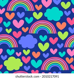 Colorful heart, rainbow and cloud seamless pattern background.