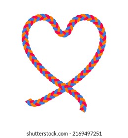 Colorful heart rope vector illustration with a white background. Heart shape realistic blue, red, and mustard yellow colored braided lasso cord. Love heart rope border.