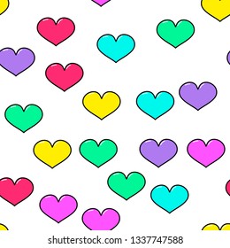 Colorful heart seamless pattern on white background. Paper print design. Abstract retro vector illustration. Trendy textile, fabric, wrapping. Modern space decoration.