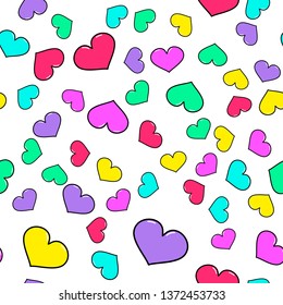 Colorful heart seamless pattern on white background. Paper print design. Abstract retro vector illustration. Trendy textile, fabric, wrapping. Modern space decoration.