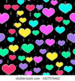 Colorful heart seamless pattern on white background. Paper print design. Abstract retro vector illustration. Trendy textile, fabric, wrapping. Modern space decoration.