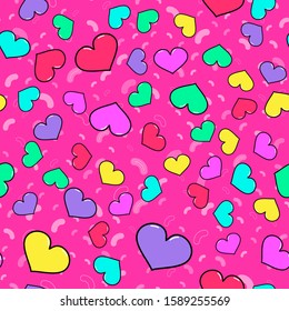 Colorful heart seamless pattern on white background. Paper print design. Abstract retro vector illustration. Trendy textile, fabric, wrapping. Modern space decoration.