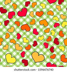Colorful heart seamless pattern on white background. Paper print design. Abstract retro vector illustration. Trendy textile, fabric, wrapping. Modern space decoration.