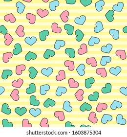 Colorful heart seamless pattern on white background. Paper print design. Abstract retro vector illustration. Trendy textile, fabric, wrapping. Modern space decoration.