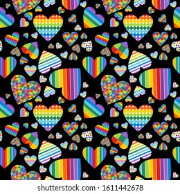 Colorful heart seamless pattern, rainbow hearts, lgbt pridge, red orange yellow green blue purple colored heart background, perfect for card making, brochure and internet design, card templates