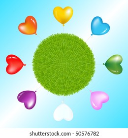 Colorful Heart Shape Balloons Around Grass Ball