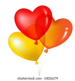 Colorful Heart Shape Balloons, Yellow, Red And Orange, Isolated on white.