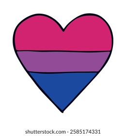 Colorful heart shape Bisexual pride flag Happy pride day LGBTQ community Pride Month Vector hand drawn doodle for posters, stickers, logo, cards