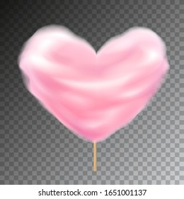 Colorful heart shape cotton candy on stick. Sweet fluffy snack vector illustration with transparency.