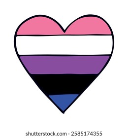 Colorful heart shape Gender fluid pride flag Happy pride day LGBTQ community Pride Month Vector hand drawn doodle for posters, stickers, logo, cards