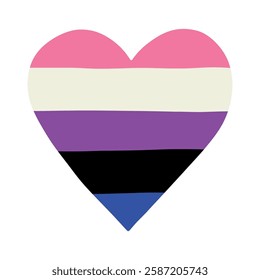 Colorful heart shape Gender fluid pride flag Happy pride day LGBTQ community Pride Month Vector hand drawn doodle for posters, stickers, logo, cards