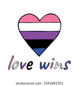 Colorful heart shape Gender fluid pride flag Happy pride day LGBTQIA community Pride Month Vector hand drawn doodle for posters, stickers, logo, cards