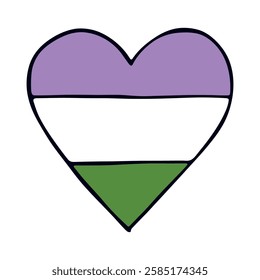 Colorful heart shape Genderqueer pride flag Happy pride day LGBTQ community Pride Month Vector hand drawn doodle for posters, stickers, logo, cards