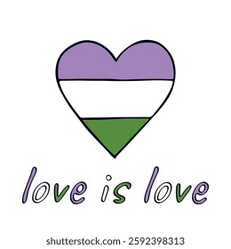 Colorful heart shape Genderqueer pride flag Happy pride day LGBTQIA community Pride Month Vector hand drawn doodle for posters, stickers, logo, cards