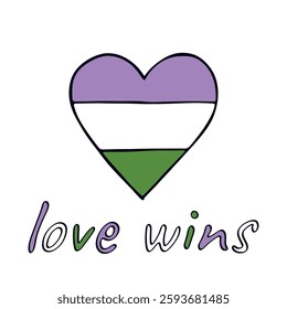 Colorful heart shape Genderqueer pride flag Happy pride day LGBTQIA community Pride Month Vector hand drawn doodle for posters, stickers, logo, cards