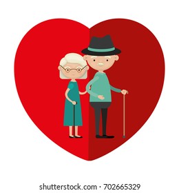 colorful heart shape greeting card with caricature full body elderly couple embraced grandfather with hat and moustache in walking stick and grandmother with short hair vector illustration