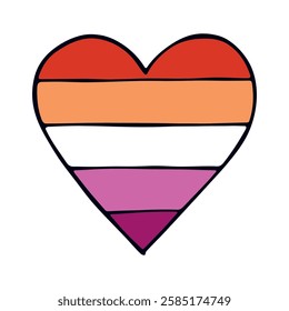 Colorful heart shape Lesbian pride flag Happy pride day LGBTQ community Pride Month Vector hand drawn doodle for posters, stickers, logo, cards