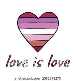 Colorful heart shape Lesbian pride flag Happy pride day LGBTQIA community Pride Month Vector hand drawn doodle for posters, stickers, logo, cards