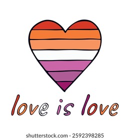 Colorful heart shape Lesbian pride flag Happy pride day LGBTQIA community Pride Month Vector hand drawn doodle for posters, stickers, logo, cards