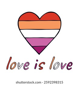 Colorful heart shape Lesbian pride flag Happy pride day LGBTQIA community Pride Month Vector hand drawn doodle for posters, stickers, logo, cards