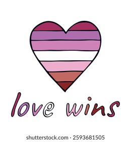 Colorful heart shape Lesbian pride flag Happy pride day LGBTQIA community Pride Month Vector hand drawn doodle for posters, stickers, logo, cards