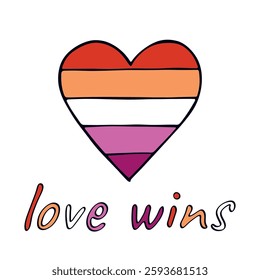 Colorful heart shape Lesbian pride flag Happy pride day LGBTQIA community Pride Month Vector hand drawn doodle for posters, stickers, logo, cards