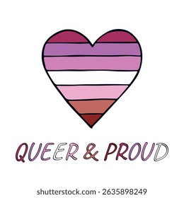 Colorful heart shape Lesbian pride flag Happy pride day LGBTQIA community Pride Month Vector hand drawn doodle for posters, stickers, logo, cards