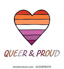 Colorful heart shape Lesbian pride flag Happy pride day LGBTQIA community Pride Month Vector hand drawn doodle for posters, stickers, logo, cards