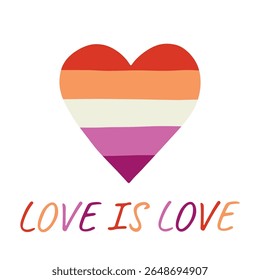 Colorful heart shape Lesbian pride flag Happy pride day LGBTQIA community Pride Month Vector hand drawn doodle for posters, stickers, logo, cards