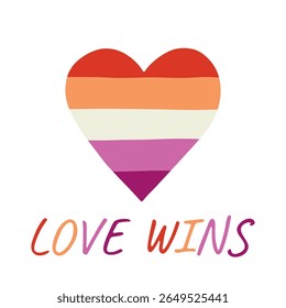 Colorful heart shape Lesbian pride flag Happy pride day LGBTQIA community Pride Month Vector hand drawn doodle for posters, stickers, logo, cards