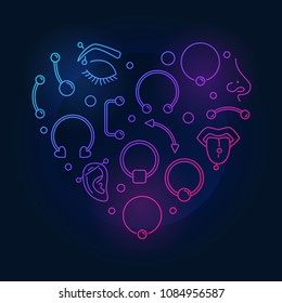 Colorful heart shape made of body jewelry and piercing creative thin line icons on dark background