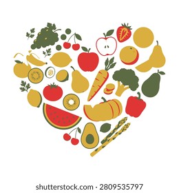 Colorful heart shape made of various fruits and vegetables on white background