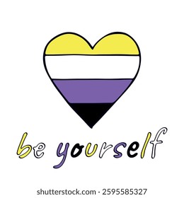 Colorful heart shape Non-binary pride flag Happy pride day LGBTQIA community Pride Month Vector hand drawn doodle for posters, stickers, logo, cards