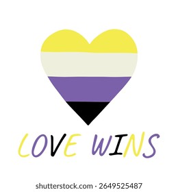 Forma de coração colorido Bandeira de orgulho não-binária Feliz Dia do Orgulho LGBTQIA Comunidade Orgulho Mês de Vetor mão desenhada rabiscar para cartazes, adesivos, logotipo, cartões