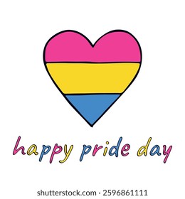 Colorful heart shape Pansexual pride flag Happy pride day LGBTQIA community Pride Month Vector hand drawn doodle for posters, stickers, logo, cards