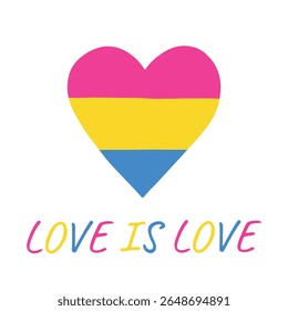 Forma do coração colorido Bandeira do orgulho pansexual Feliz dia do orgulho LGBTQIA comunidade Orgulho Mês do Orgulho Desenho à mão desenhado doodle para cartazes, adesivos, logotipo, cartões
