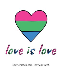 Colorful heart shape Polysexual pride flag Happy pride day LGBTQIA community Pride Month Vector hand drawn doodle for posters, stickers, logo, cards